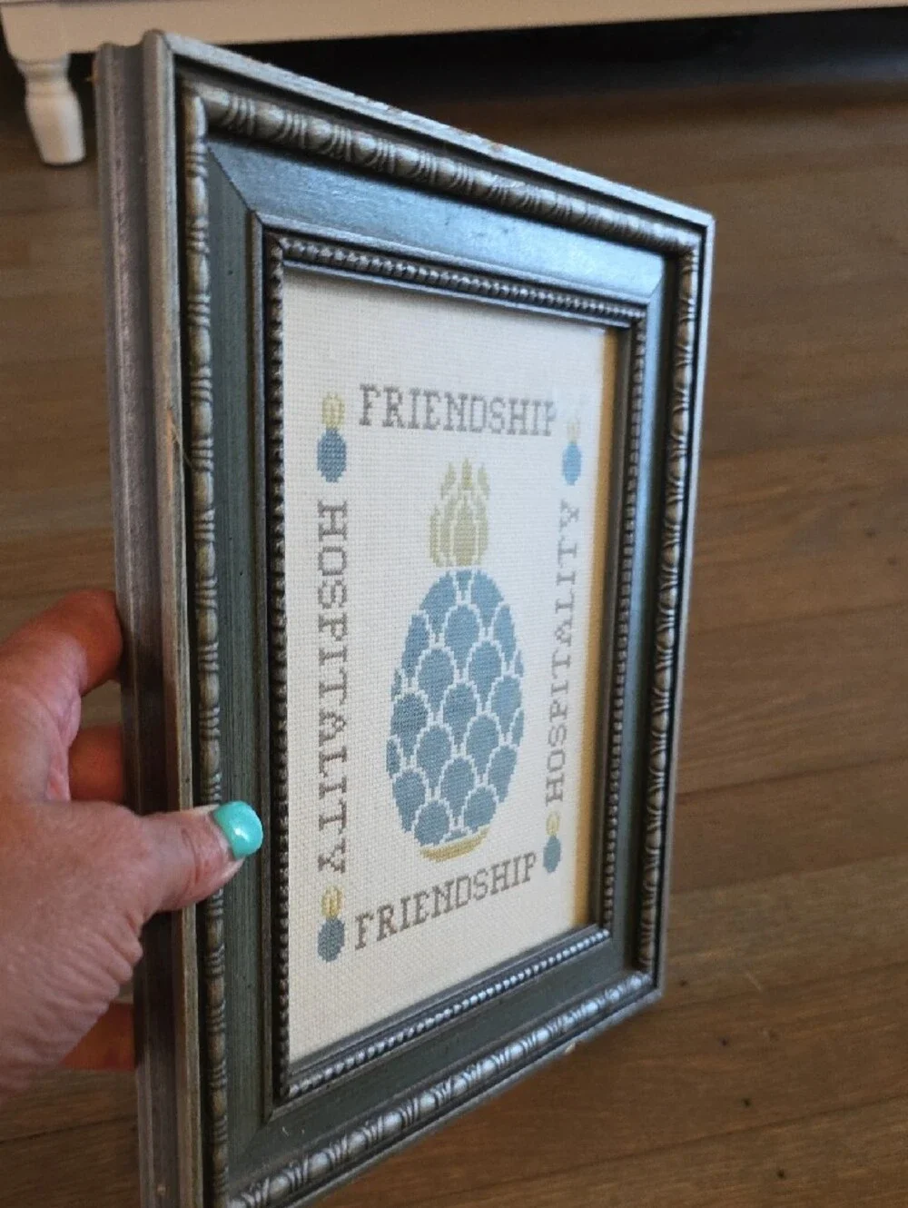 Friendship & Hospitality Framed Needlepoint Wall Art in Teal  & Gold-  10.5x8.5